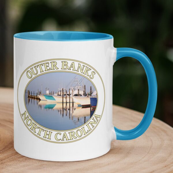 Fishing boats at Oregon Inlet coffee mug featuring a serene coastal scene with docked boats in Nags Head, Outer Banks, North Carolina.