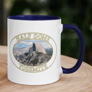 Half Dome Yosemite National Park coffee mug featuring a scenic mountain landscape, with a colorful handle and interior.