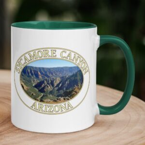 Sycamore Canyon Arizona coffee mug featuring a scenic canyon landscape, with a colorful handle and interior.