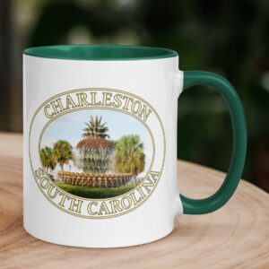 Charleston Pineapple Fountain coffee mug featuring the iconic landmark in Waterfront Park, South Carolina.