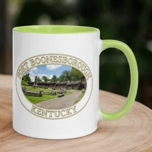 Fort Boonesborough Kentucky coffee mug featuring a historic frontier fort, with a colorful handle and interior.