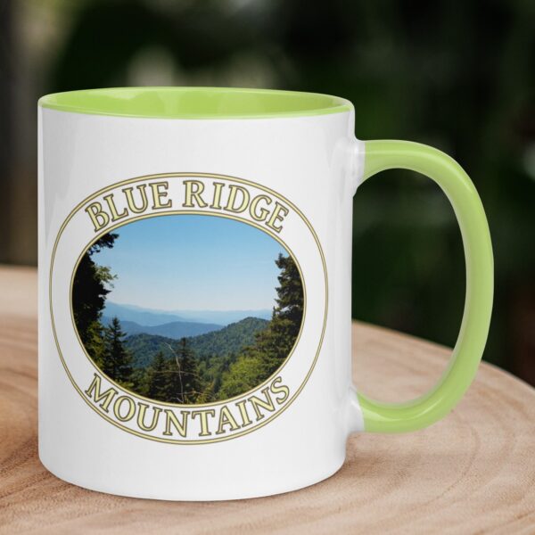 Blue Ridge Mountains coffee mug featuring a scenic view of rolling mountain ridges and lush greenery along the Blue Ridge Parkway in North Carolina.