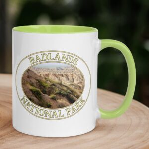 Big Horn Sheep at Badlands National Park coffee mug featuring South Dakota’s rugged landscape and wildlife.