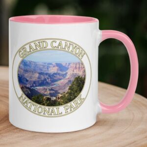 Grand Canyon National Park ceramic coffee mug with colorful handle and interior, featuring a scenic canyon photograph.