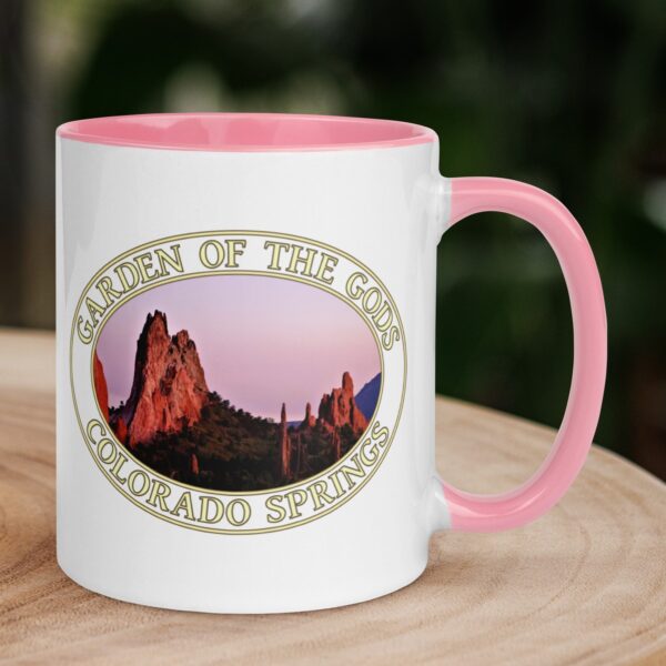 Sunset at Garden of the Gods Colorado Springs coffee mug featuring red rock formations glowing in evening light, with a colorful handle and interior.