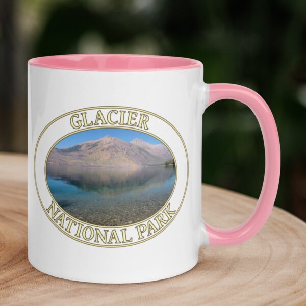 Lake McDonald Glacier National Park coffee mug featuring a scenic view of the lake’s crystal-clear water and Montana mountains, with a colorful handle and interior.