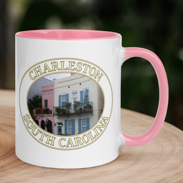 Charleston Rainbow Row coffee mug featuring the colorful historic homes in the French Quarter district of South Carolina.