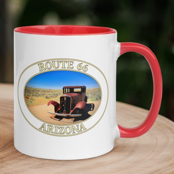 Route 66 Arizona coffee mug featuring an antique rusted car, with a colorful handle and interior.