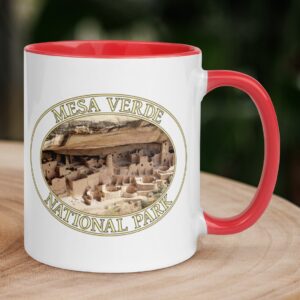 Cliff Palace Mesa Verde National Park coffee mug featuring ancient cliff dwellings, with a colorful handle and interior.