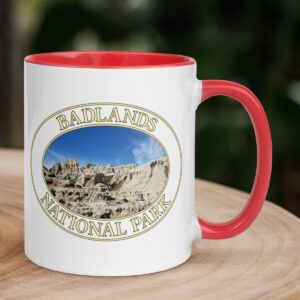 Badlands National Park coffee mug featuring scenic South Dakota rock formations and rugged terrain.