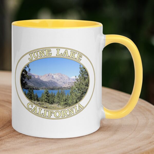 June Lake California coffee mug featuring a scenic mountain lake landscape, with a colorful handle and interior.