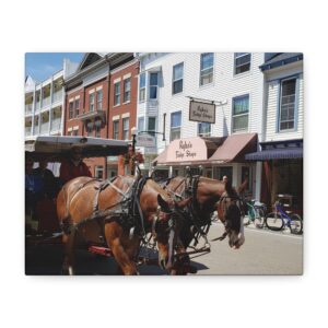 Downtown Horse and Carriage on Mackinac Island Wrapped Canvas Wall Art – Historic Michigan Street Scene Photography – Great Lakes Travel Décor – Horses, Carriage Rides, and Island Life Print Ready to Hang