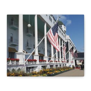Grand Hotel on Mackinac Island Wrapped Canvas Wall Art – Historic Michigan Landmark Photography – Great Lakes Travel Décor – Iconic Hotel with American Flags and Summer Flower Gardens Print Ready to Hang