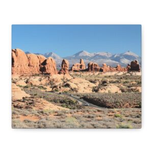 The Windows at Arches National Park Wrapped Canvas Wall Art – Moab Utah Red Rock Landscape with La Sal Mountains – National Park Home Décor