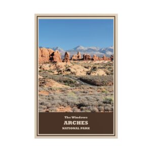 The Windows Arches National Park Vintage Travel Poster – Red Rock Desert Scenic Drive Print – Utah Southwest Landscape Wall Art for Hikers & National Park Lovers