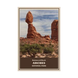Balanced Rock Arches National Park Vintage Travel Poster – Red Rock Desert Landscape Print – Utah Geology Wall Art for Hikers, Travelers & National Park Lovers