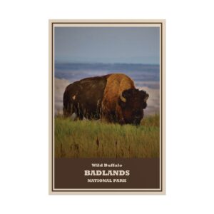Wild Buffalo Badlands National Park Vintage Travel Poster – Retro Wildlife Wall Art Print, Majestic Bison on Prairie Grasslands – Unframed Matte Paper Nature Décor for National Park & Animal Lovers