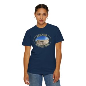 Sandstone Buttes under Clear Blue Sky at Badlands National Park – Garment-Dyed Heavyweight Scenic T-Shirt for Nature Lovers