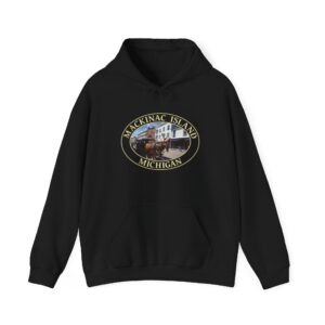 Horses and Carriage in Downtown Mackinac Island Michigan Pullover Hoodie – Cozy Scenic Travel Sweatshirt
