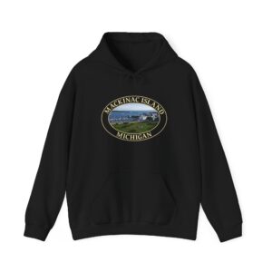 Harbor and Downtown Mackinac Island Michigan Pullover Hoodie – Scenic Great Lakes Nature Logo, Cozy Fleece, Unisex, GentleSeas