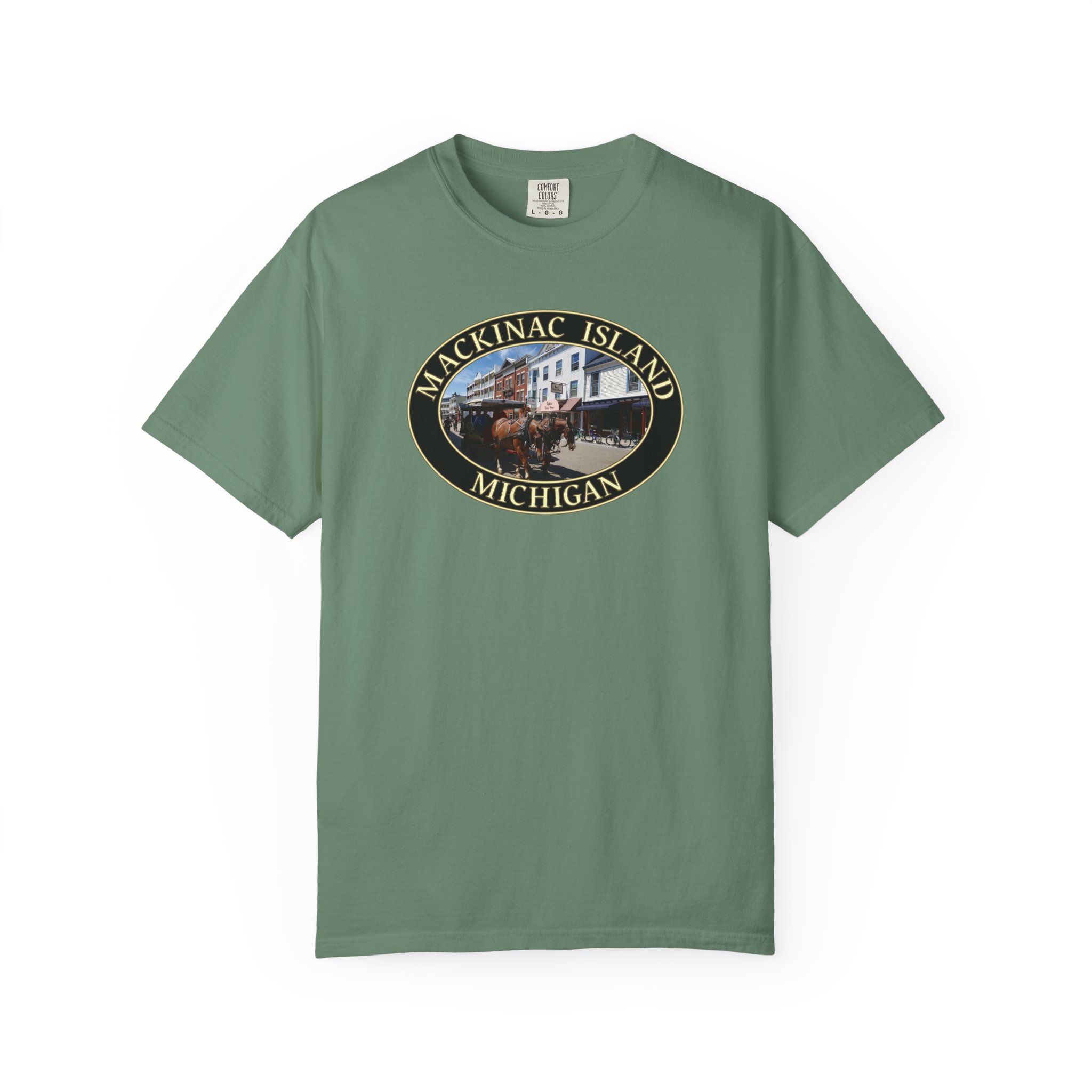 Horses and Carriage in Downtown Mackinac Island Michigan Scenic, Garment-Dyed Heavyweight T-Shirt – Relaxed Fit, Soft Ring-Spun Cotton, Original Photography - Image 7