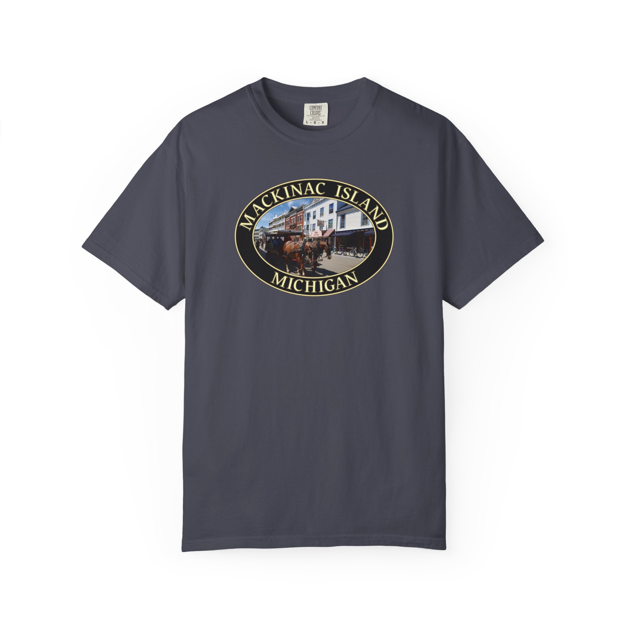 Horses and Carriage in Downtown Mackinac Island Michigan Scenic, Garment-Dyed Heavyweight T-Shirt – Relaxed Fit, Soft Ring-Spun Cotton, Original Photography - Image 11
