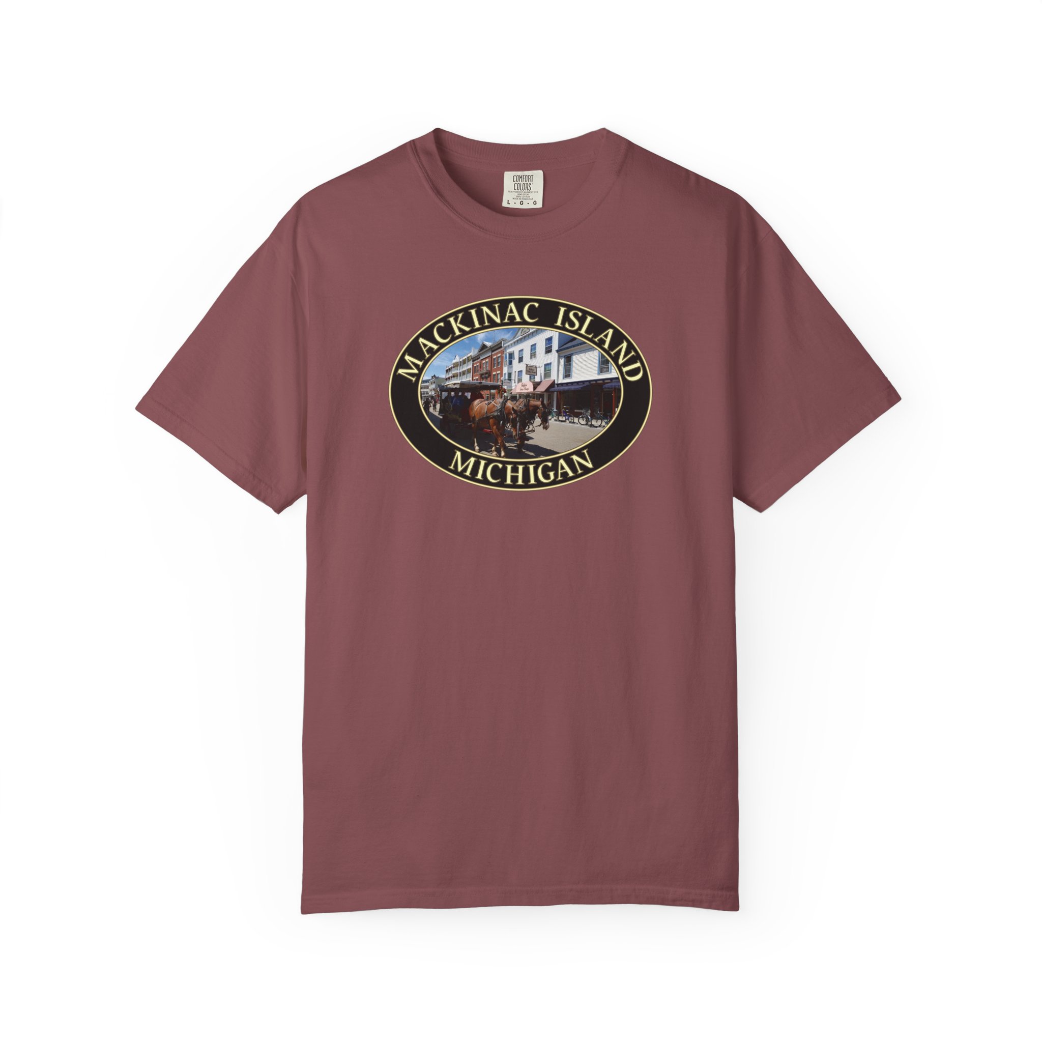 Horses and Carriage in Downtown Mackinac Island Michigan Scenic, Garment-Dyed Heavyweight T-Shirt – Relaxed Fit, Soft Ring-Spun Cotton, Original Photography - Image 2