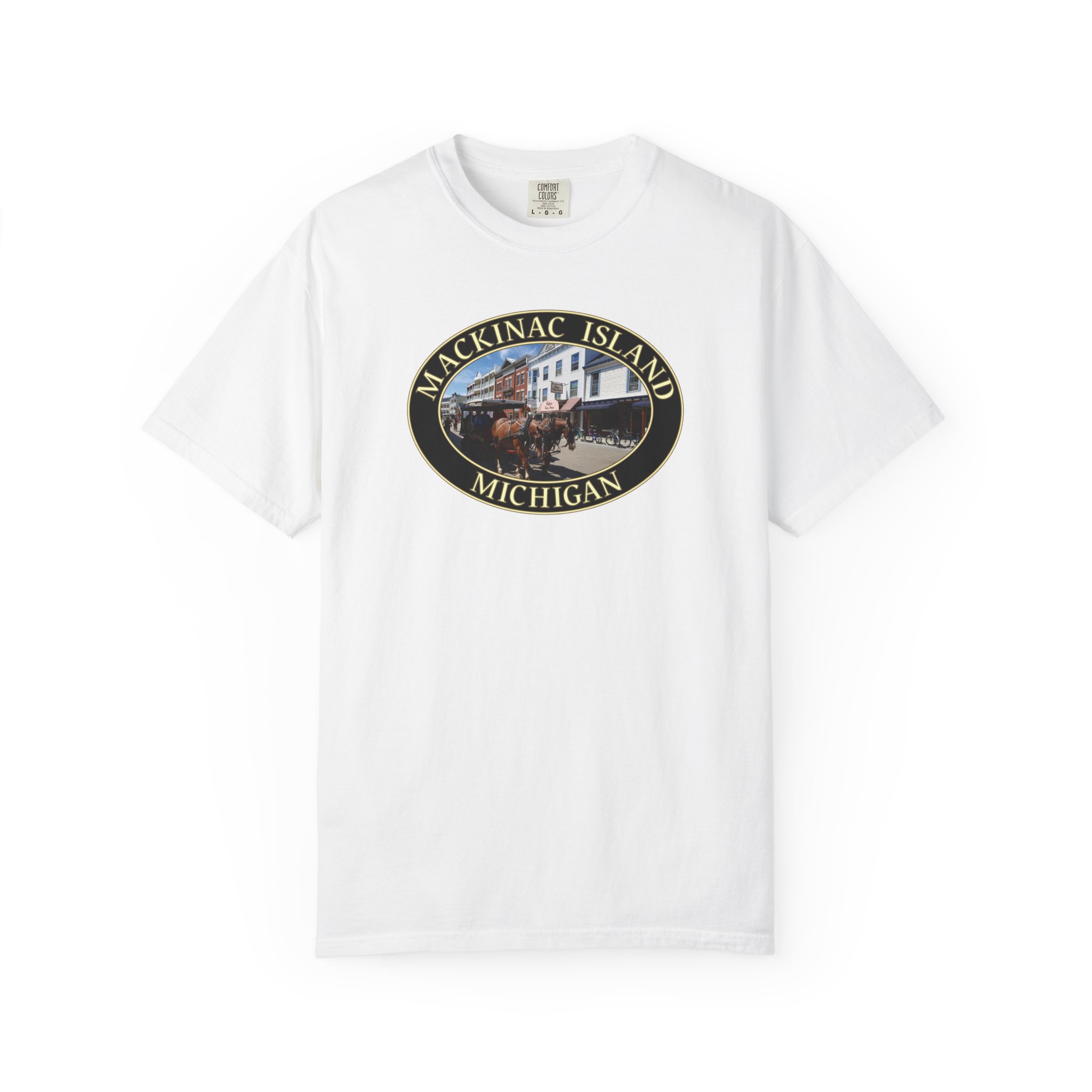 Horses and Carriage in Downtown Mackinac Island Michigan Scenic, Garment-Dyed Heavyweight T-Shirt – Relaxed Fit, Soft Ring-Spun Cotton, Original Photography - Image 3