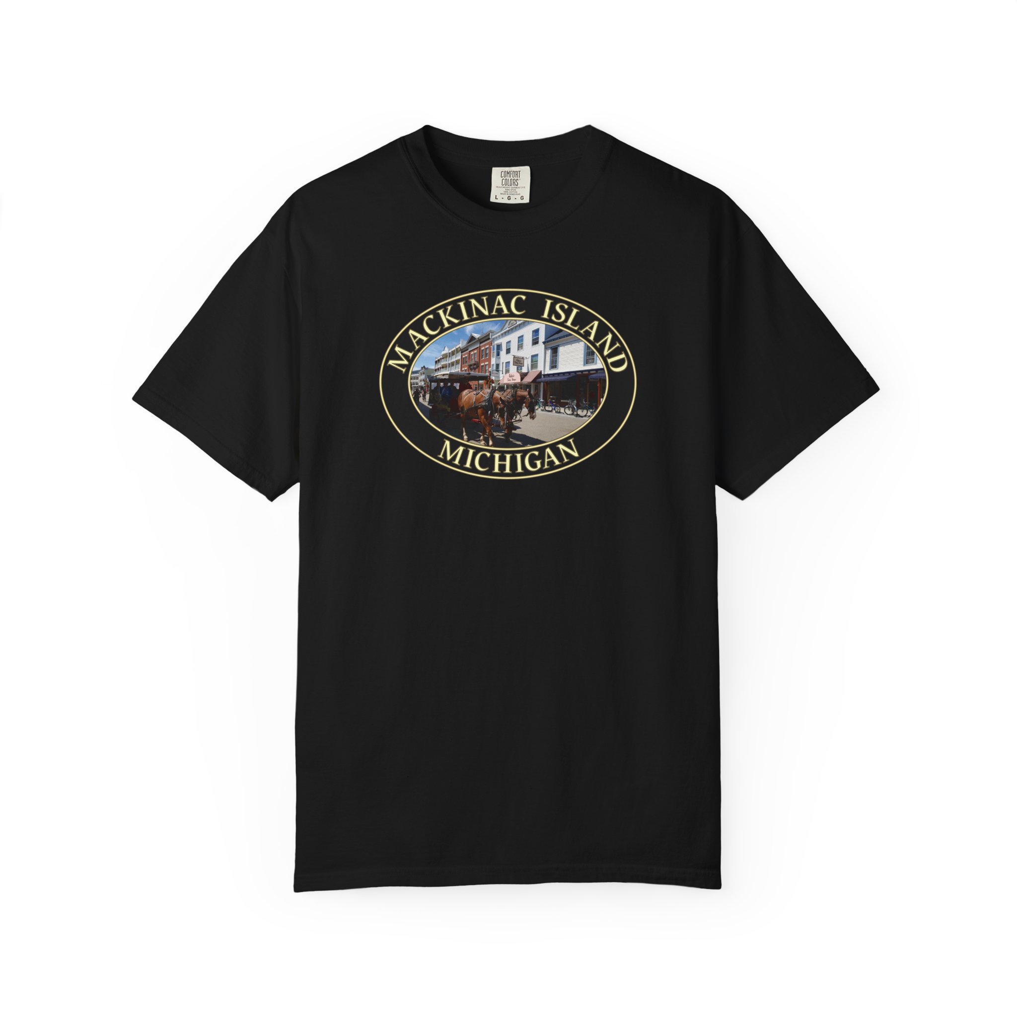 Horses and Carriage in Downtown Mackinac Island Michigan Scenic, Garment-Dyed Heavyweight T-Shirt – Relaxed Fit, Soft Ring-Spun Cotton, Original Photography - Image 9