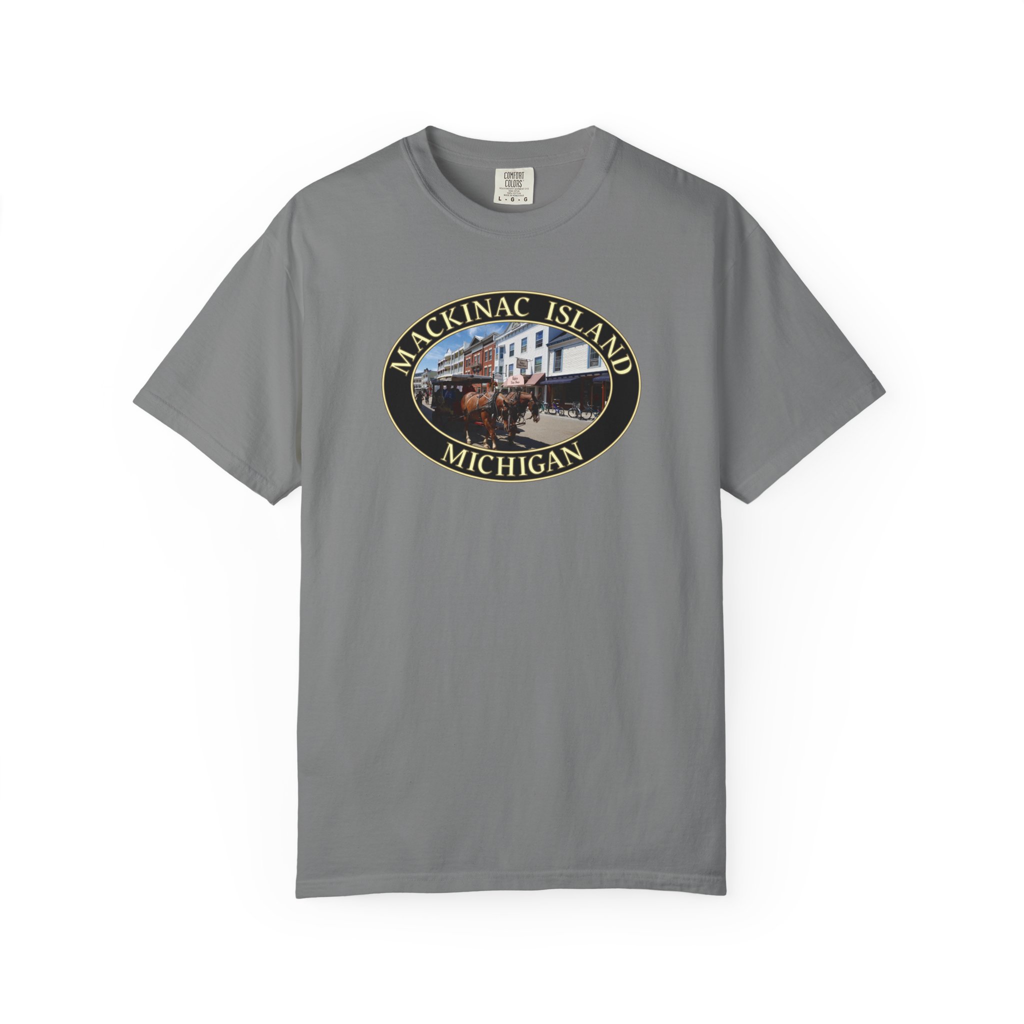 Horses and Carriage in Downtown Mackinac Island Michigan Scenic, Garment-Dyed Heavyweight T-Shirt – Relaxed Fit, Soft Ring-Spun Cotton, Original Photography - Image 5