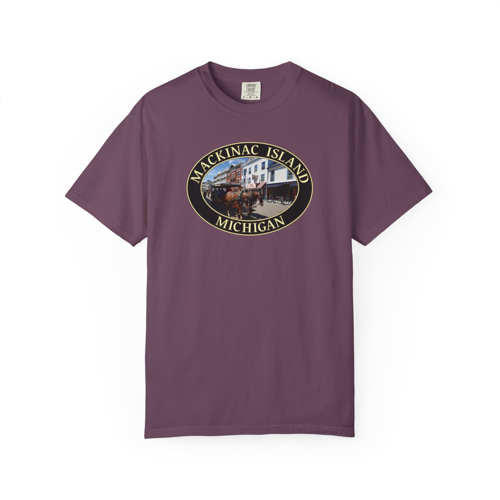 Horses and Carriage in Downtown Mackinac Island Michigan Scenic, Garment-Dyed Heavyweight T-Shirt – Relaxed Fit, Soft Ring-Spun Cotton, Original Photography - Image 13