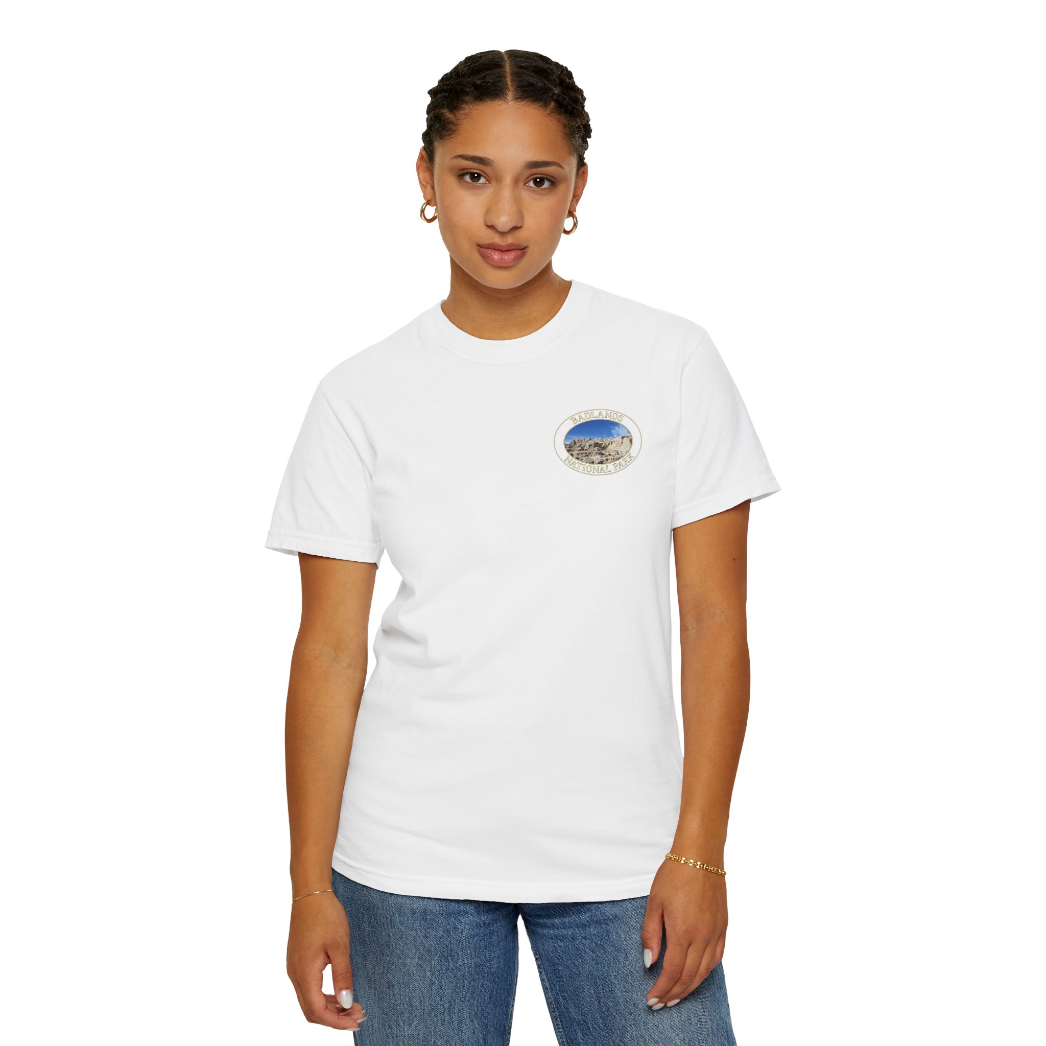 Sandstone Buttes under Clear Blue Sky at Badlands National Park - Heavyweight Garment-Dyed T-Shirt - Image 7