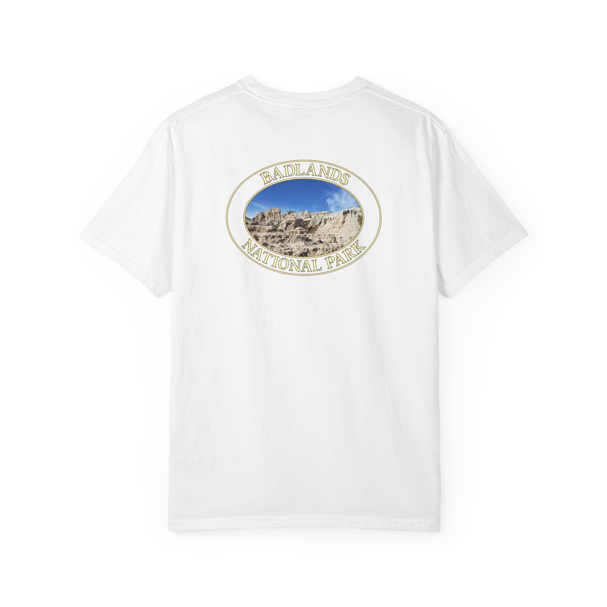 Sandstone Buttes under Clear Blue Sky at Badlands National Park - Heavyweight Garment-Dyed T-Shirt - Image 6