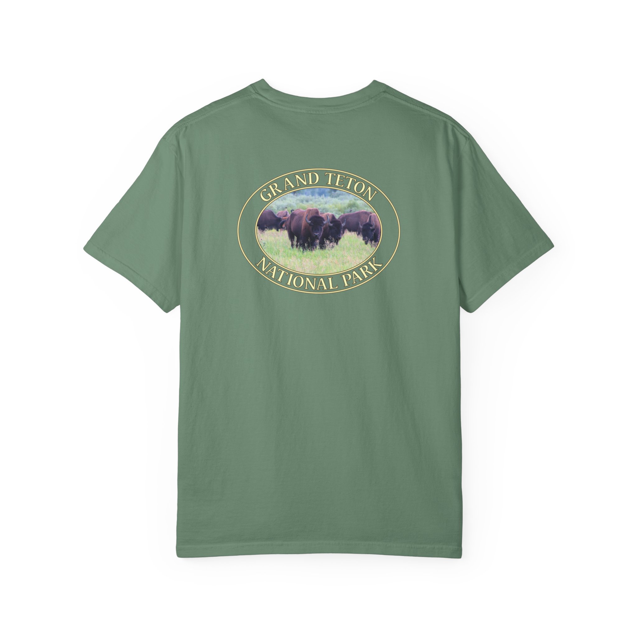 Wild Buffalo Herd in Grassy Meadow at Grand Teton National Park - Relaxed Fit Travel T-Shirt, Garment Dyed Heavyweight Tee - Image 14