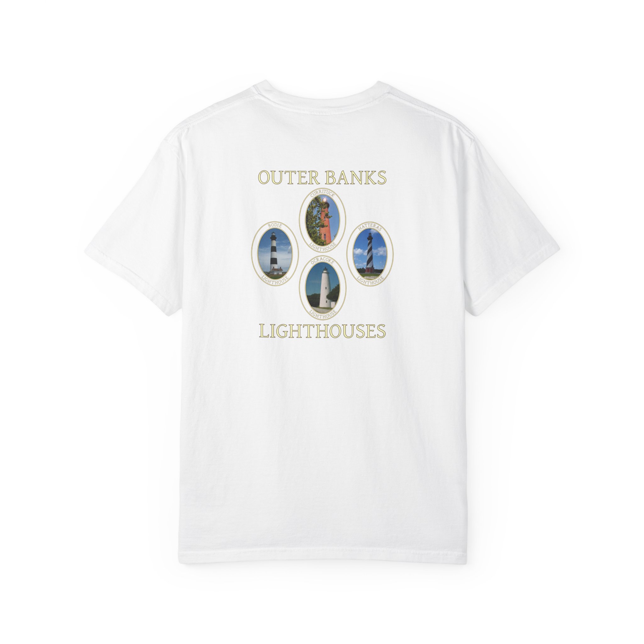 Ocracoke, Hatteras, Bodie and Currituck Lighthouses Outer Banks North Carolina Garment-Dyed Heavyweight T-Shirt with Front and Back Print - Image 6