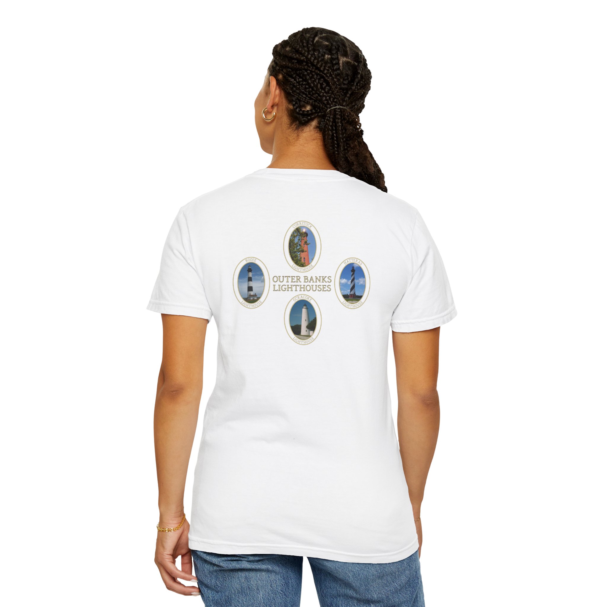 Ocracoke, Hatteras, Bodie and Currituck Lighthouses on Outer Banks North Carolina Garment-Dyed Heavyweight T-Shirt - Image 8