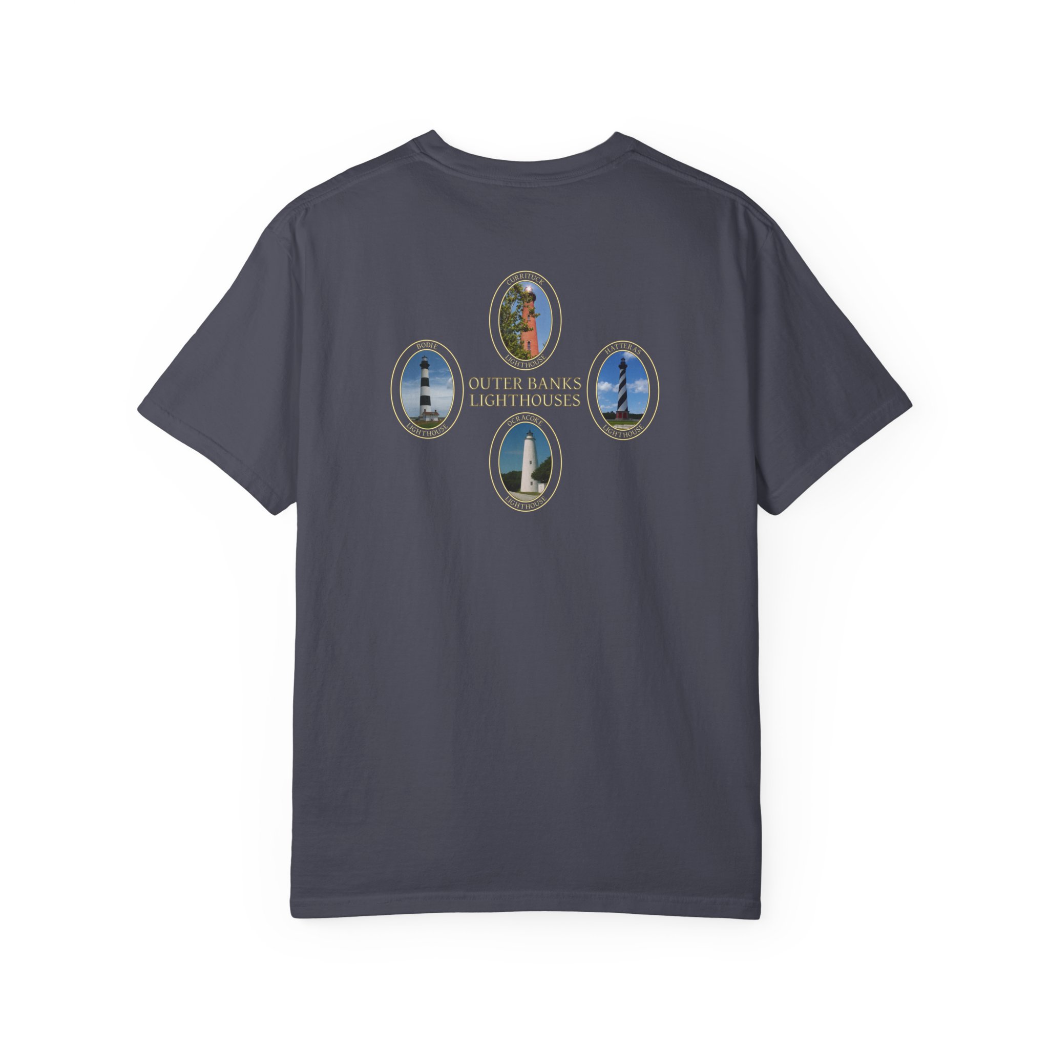 Ocracoke, Hatteras, Bodie and Currituck Lighthouses on Outer Banks North Carolina Garment-Dyed Heavyweight T-Shirt - Image 3