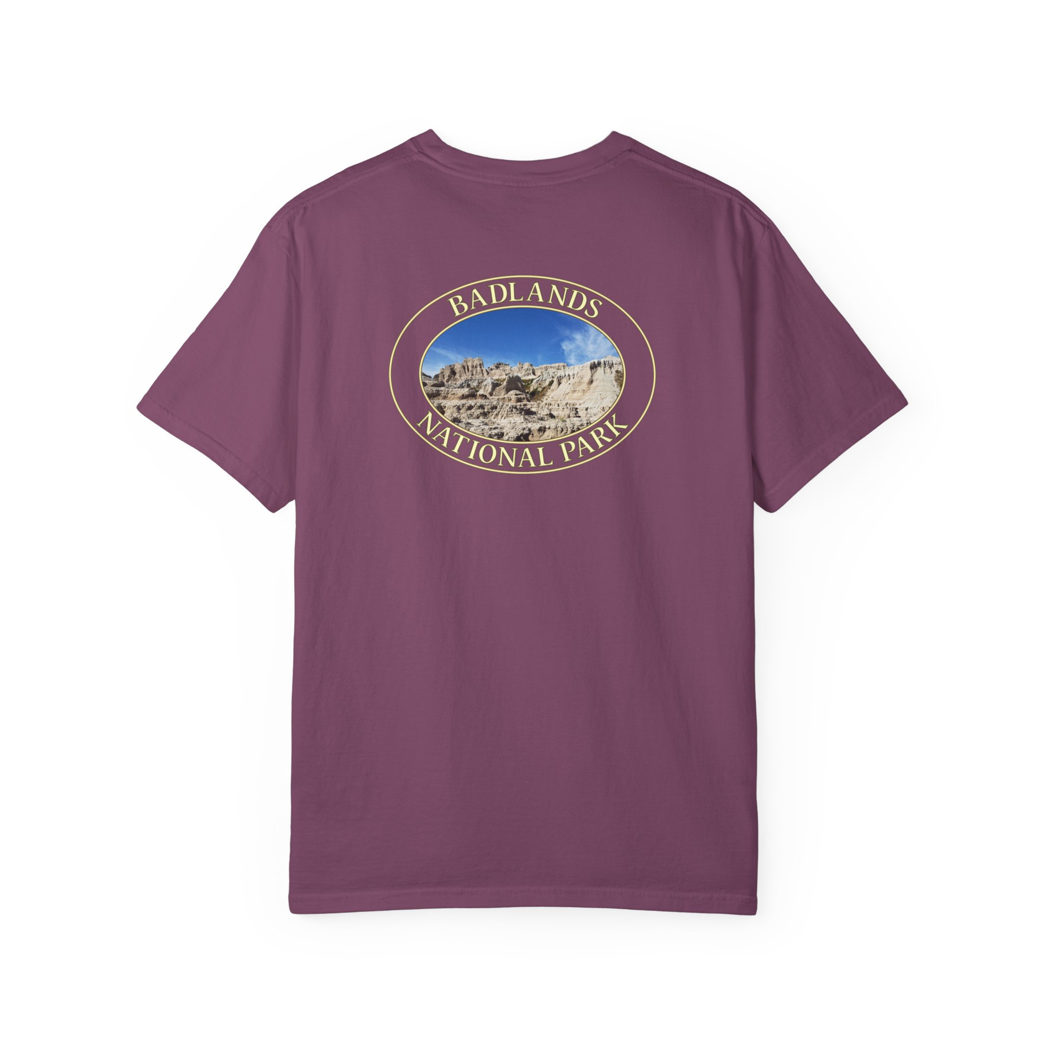 Sandstone Buttes under Clear Blue Sky at Badlands National Park - Heavyweight Garment-Dyed T-Shirt - Image 26