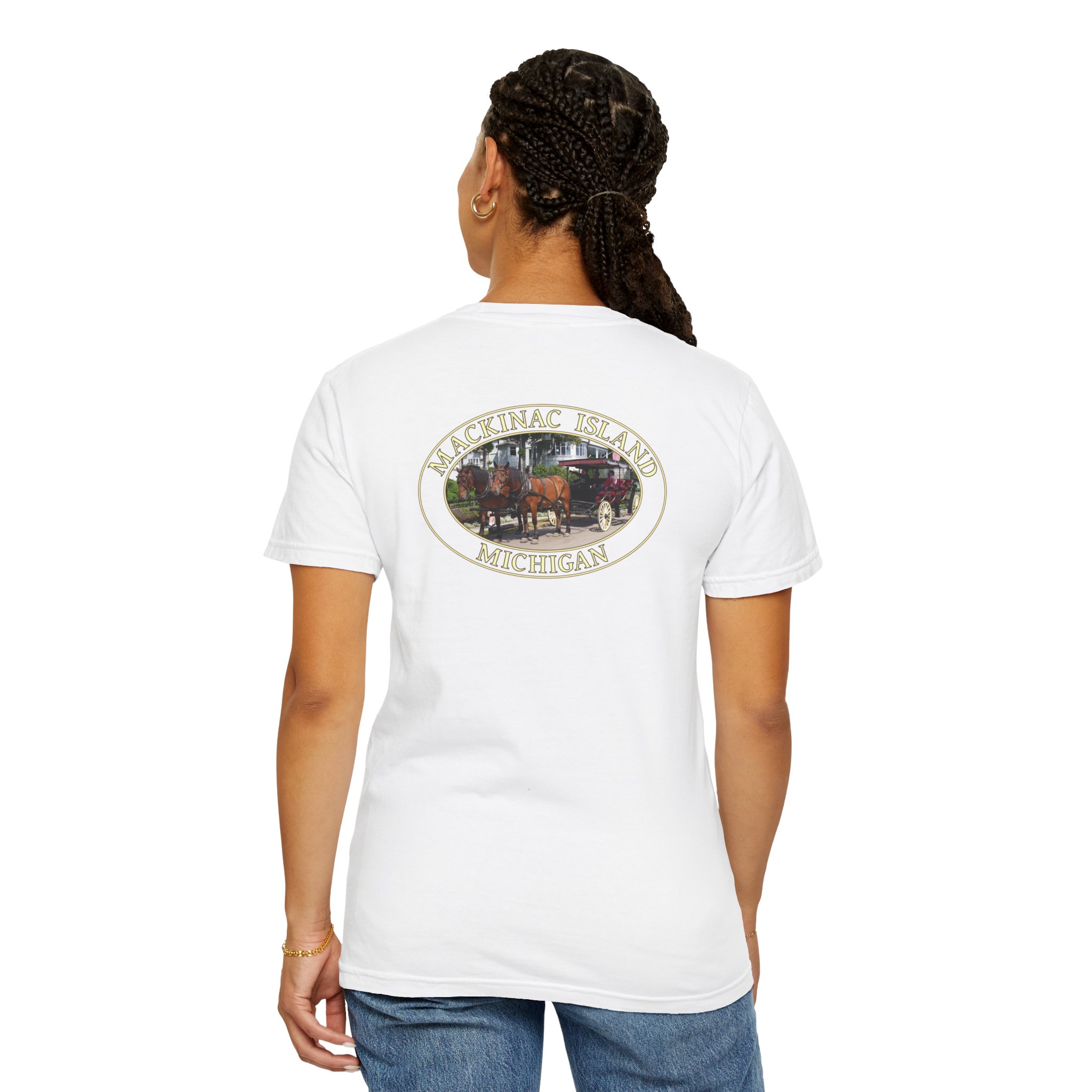 Horses and Carriage on West Bluff of Mackinac Island Michigan Scenic Photography Garment-Dyed Heavyweight T-Shirt - Image 8