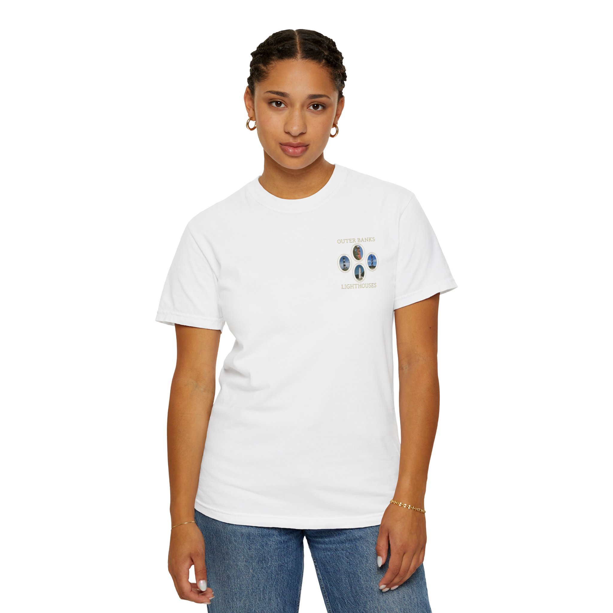 Ocracoke, Hatteras, Bodie and Currituck Lighthouses Outer Banks North Carolina Garment-Dyed Heavyweight T-Shirt with Front and Back Print - Image 7