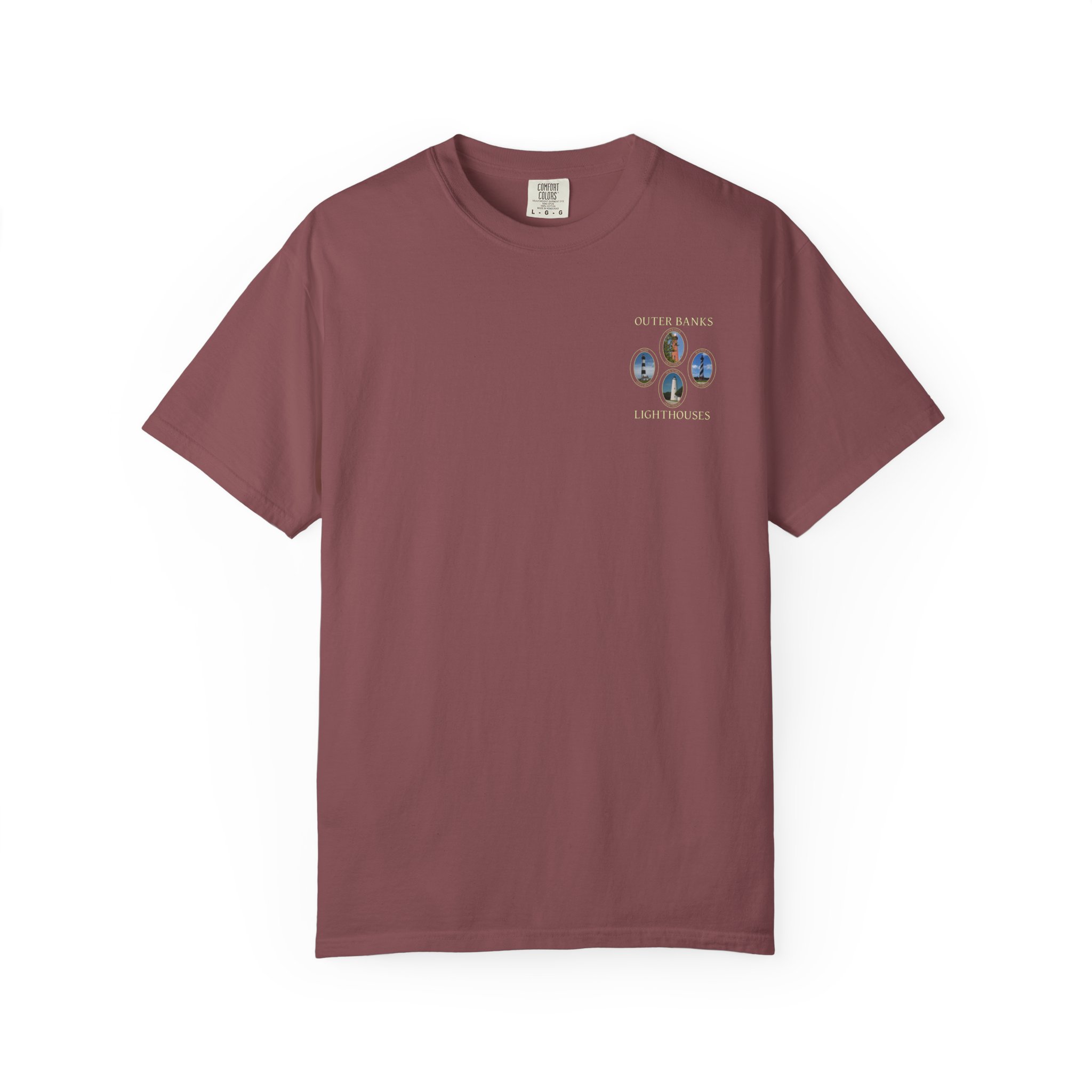 Ocracoke, Hatteras, Bodie and Currituck Lighthouses Outer Banks North Carolina Garment-Dyed Heavyweight T-Shirt with Front and Back Print - Image 2
