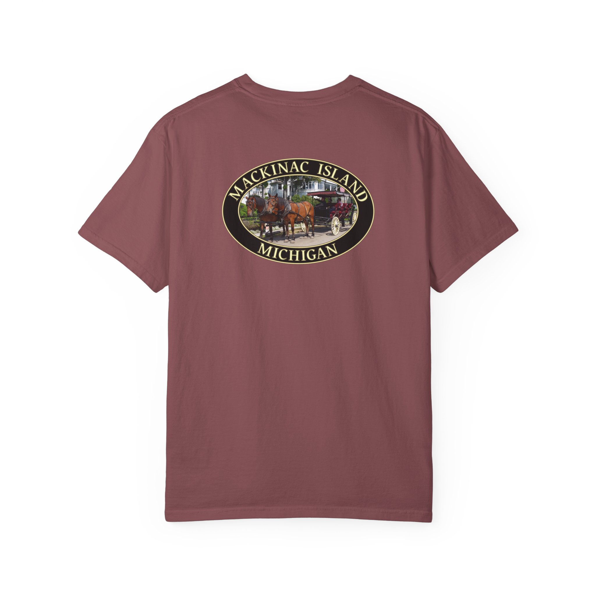Horses and Carriage on West Bluff of Mackinac Island Michigan, Relaxed Fit Garment-Dyed Heavyweight T-Shirt, 2-sided Print - Image 3