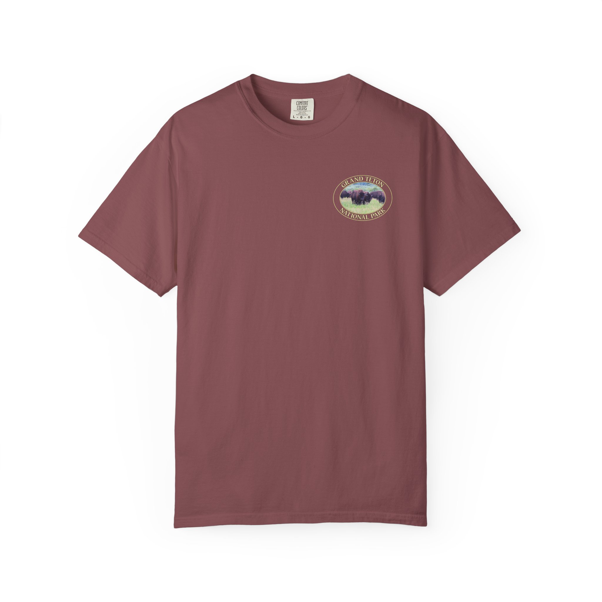 Wild Buffalo Herd in Grassy Meadow at Grand Teton National Park - Relaxed Fit Travel T-Shirt, Garment Dyed Heavyweight Tee - Image 2