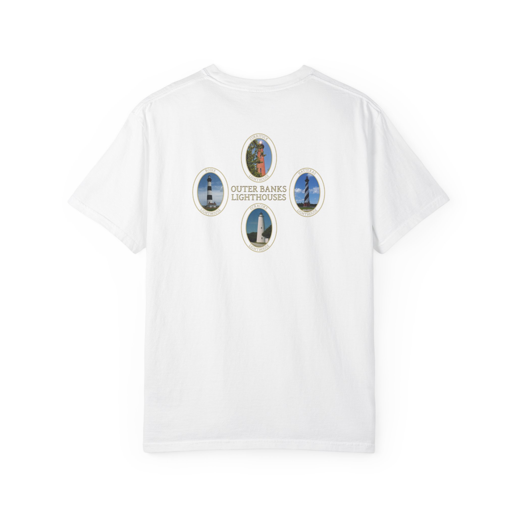 Ocracoke, Hatteras, Bodie and Currituck Lighthouses on Outer Banks North Carolina Garment-Dyed Heavyweight T-Shirt - Image 6