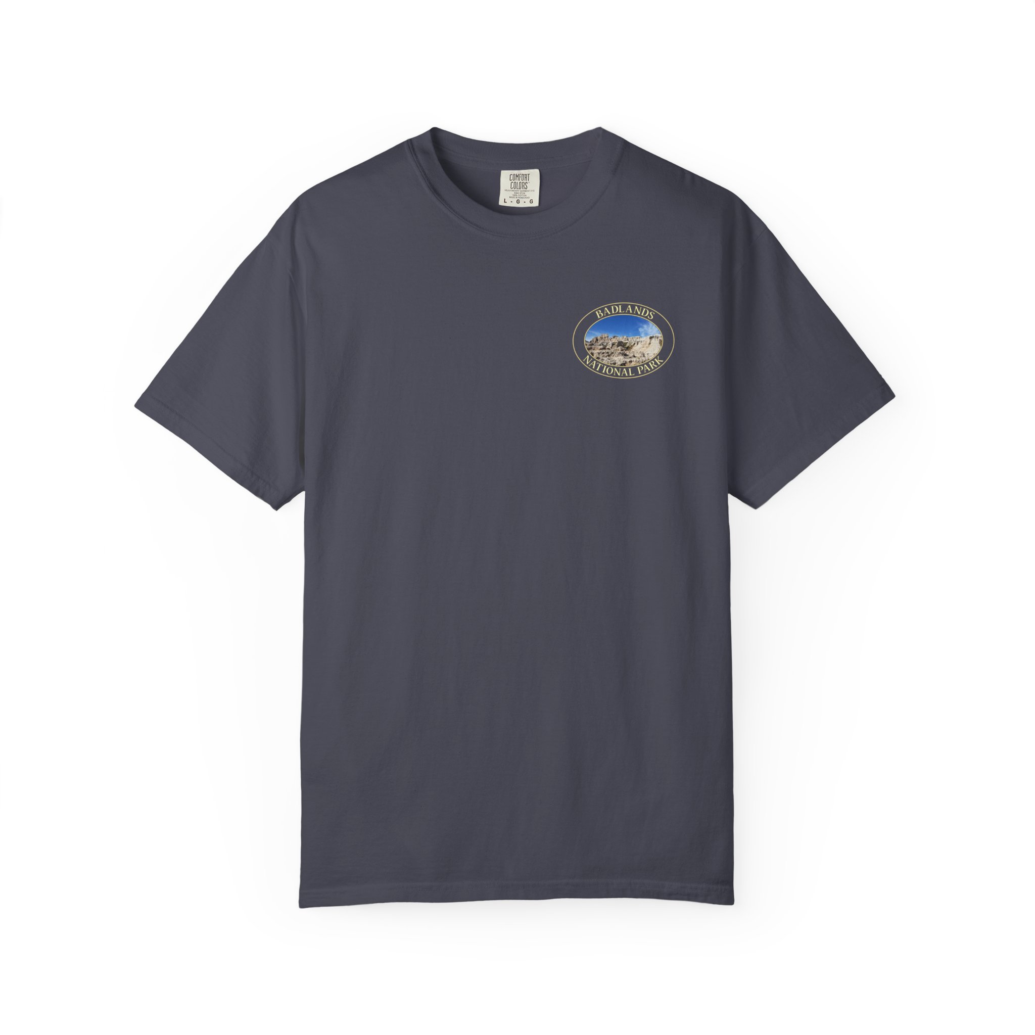 Sandstone Buttes under Clear Blue Sky at Badlands National Park - Heavyweight Garment-Dyed T-Shirt - Image 2