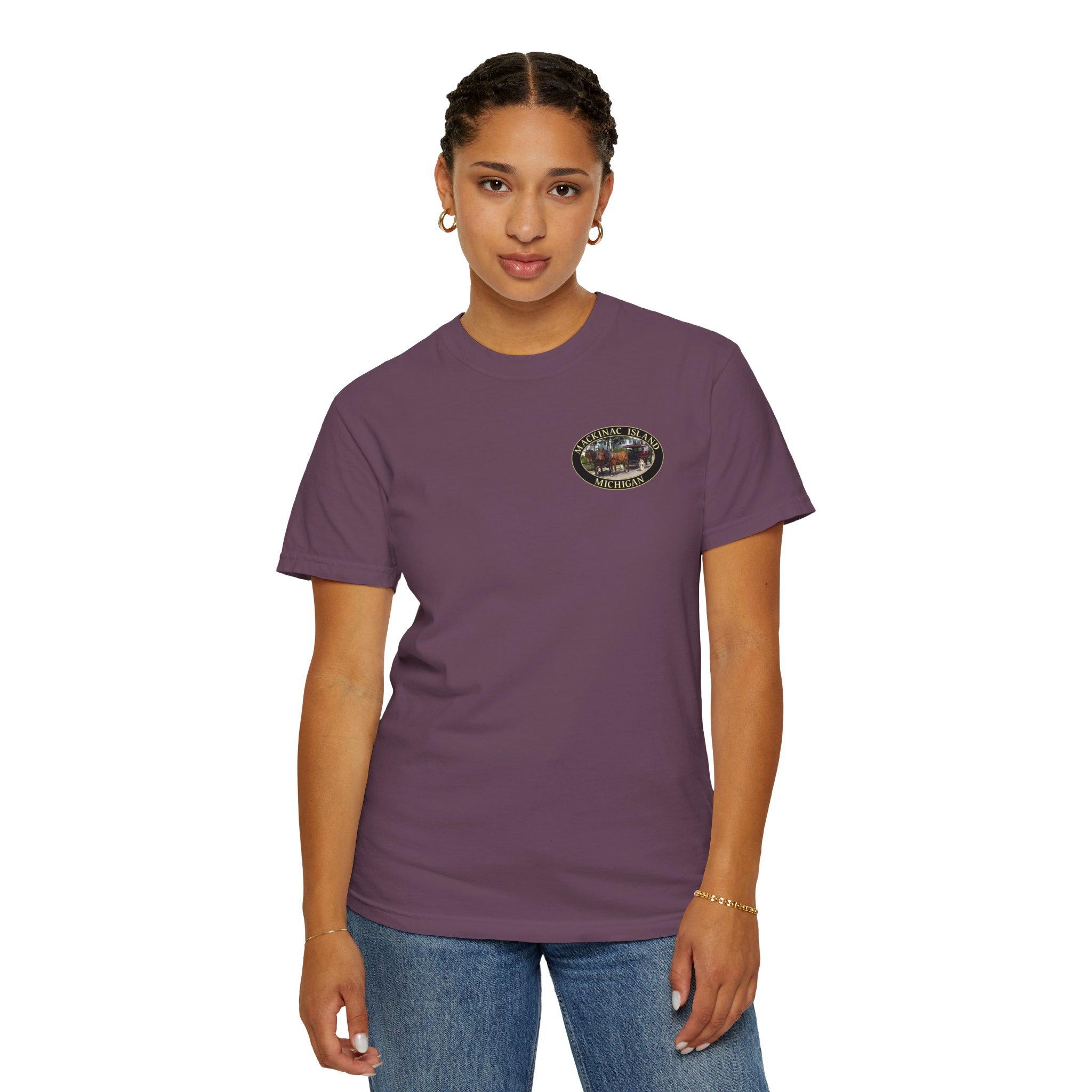 Horses and Carriage on West Bluff of Mackinac Island Michigan, Relaxed Fit Garment-Dyed Heavyweight T-Shirt, 2-sided Print - Image 27