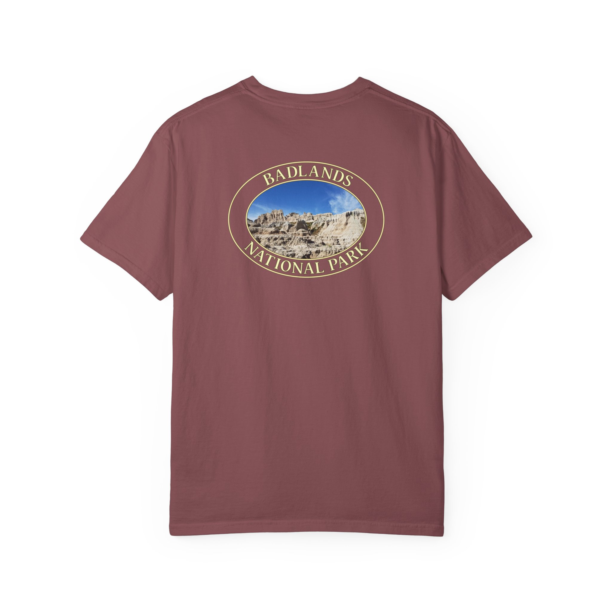 Sandstone Buttes under Clear Blue Sky at Badlands National Park - Heavyweight Garment-Dyed T-Shirt - Image 10