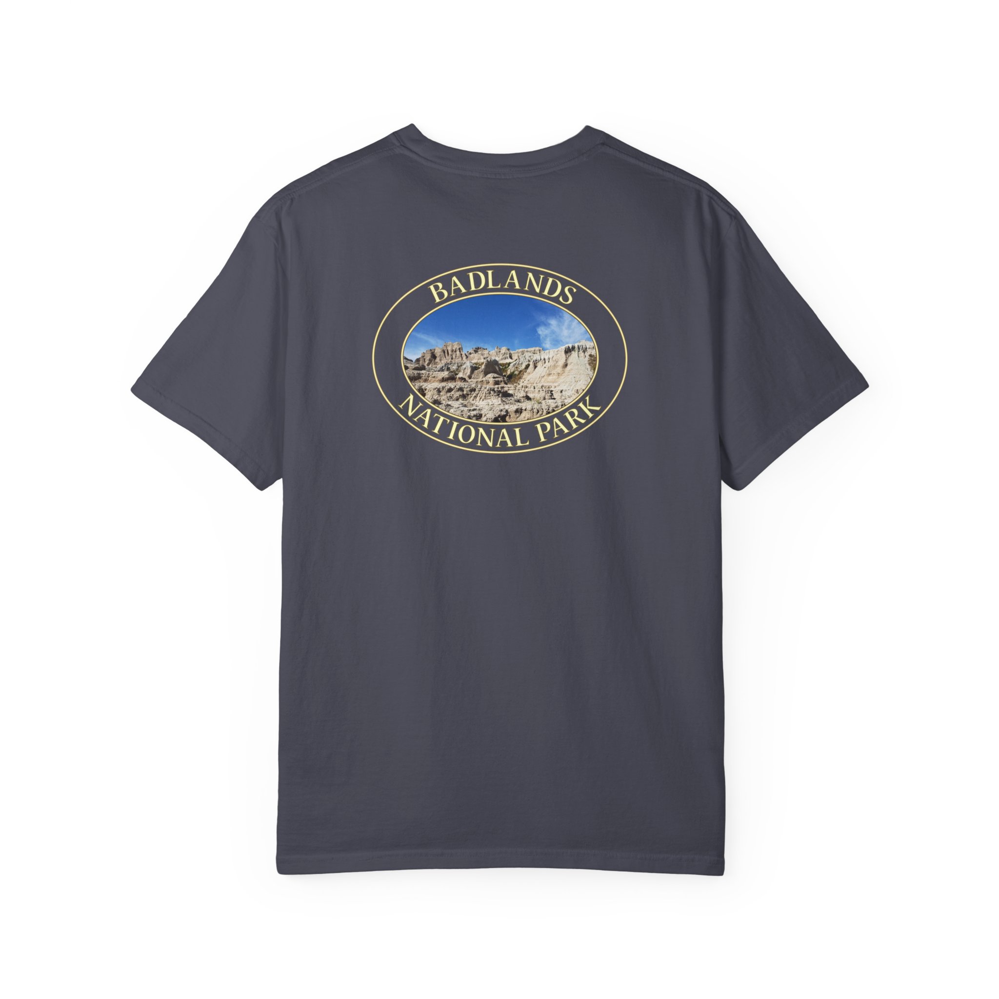 Sandstone Buttes under Clear Blue Sky at Badlands National Park - Heavyweight Garment-Dyed T-Shirt - Image 3