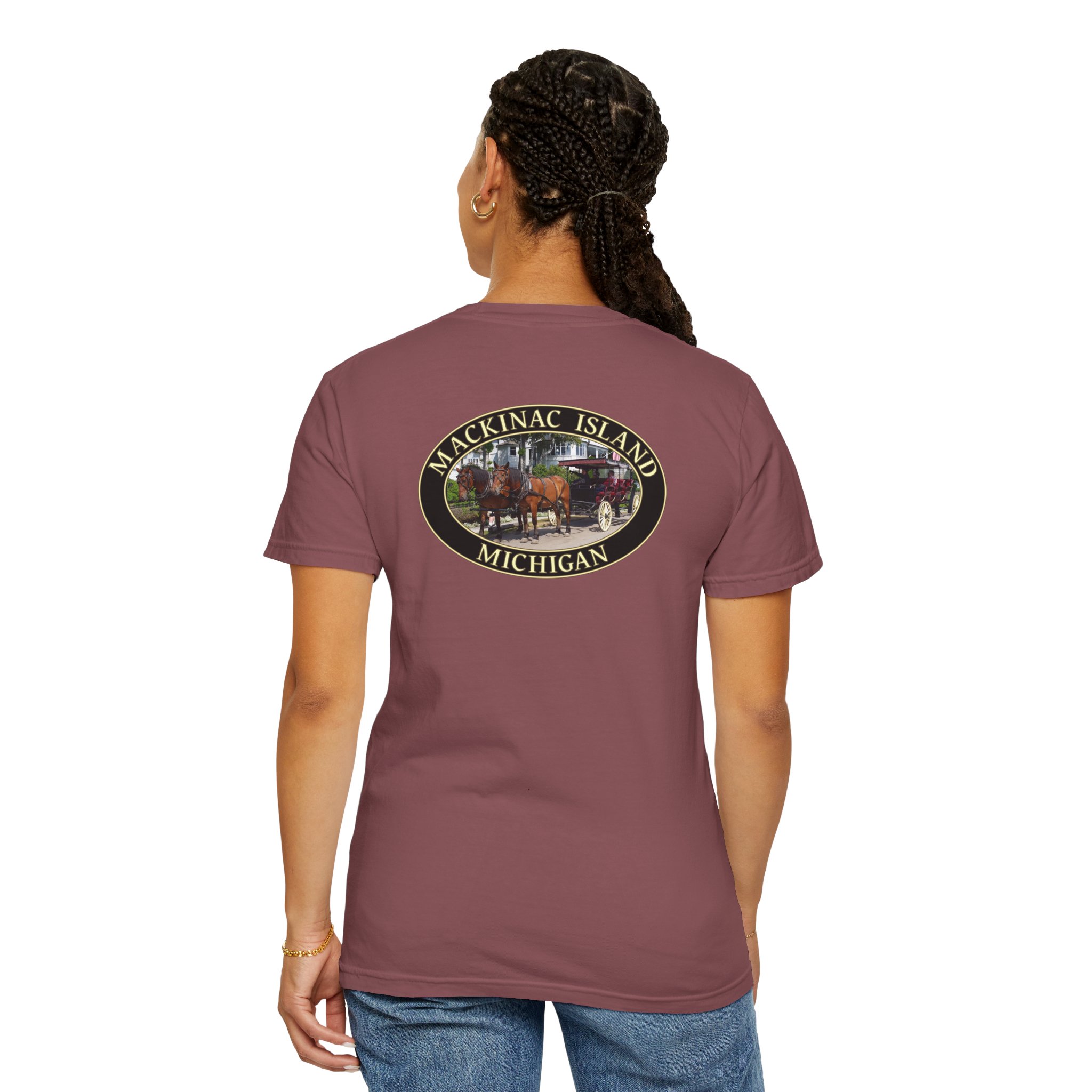 Horses and Carriage on West Bluff of Mackinac Island Michigan, Relaxed Fit Garment-Dyed Heavyweight T-Shirt, 2-sided Print