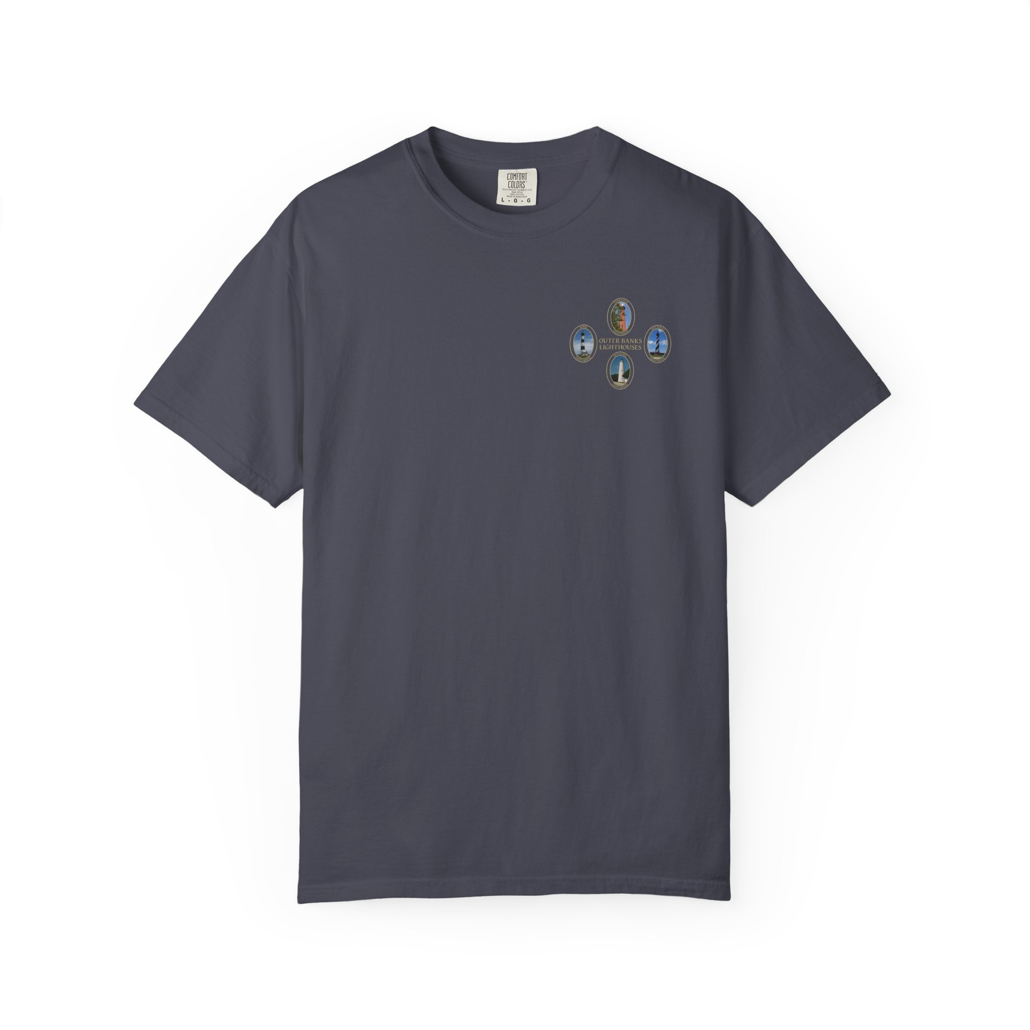 Ocracoke, Hatteras, Bodie and Currituck Lighthouses on Outer Banks North Carolina Garment-Dyed Heavyweight T-Shirt - Image 2